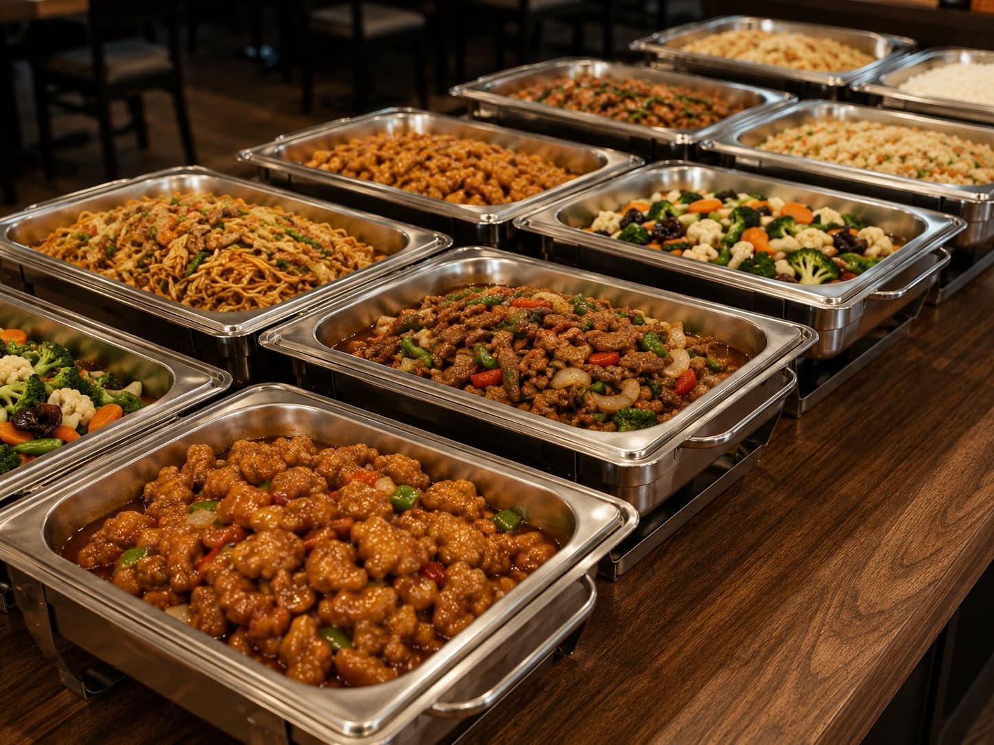 Een rij warmhouders met onder andere bami, nasi, gewokt rundvlees, gefrituurde kip en groenten