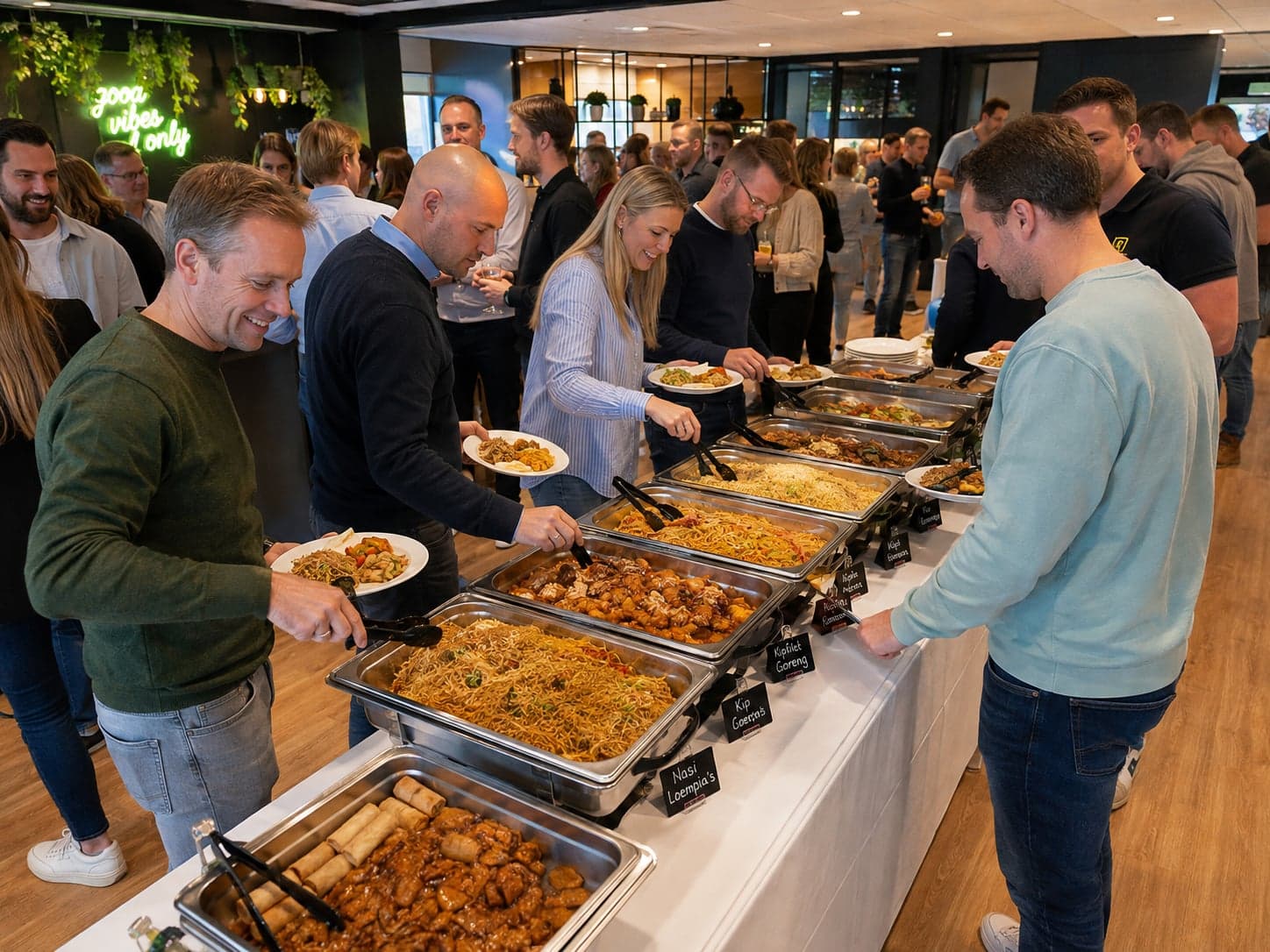 Gasten scheppen op bij een buffet op een bedrijfsfeest. Op een lange tafel staat een rij warmhouders met mihoen, bami, loempia's en kipgerechten, met voor elke bak een bordje met de naam van het gerecht erop.