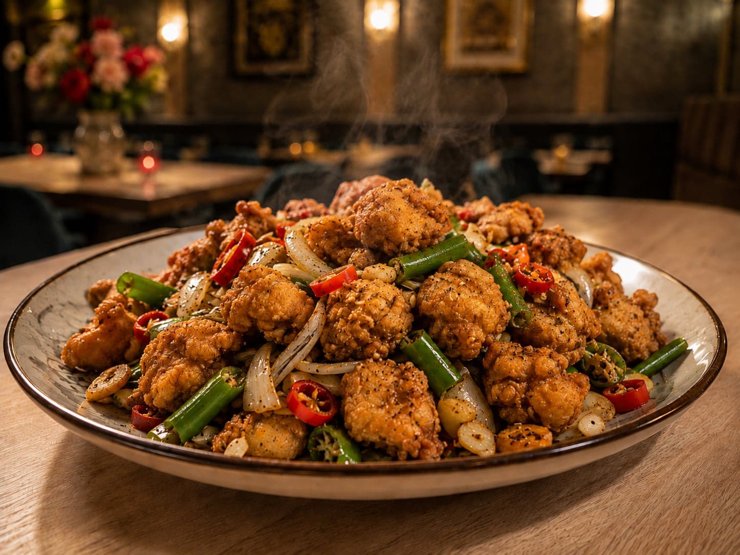 Krokant gebakken kipstukken met ui, groene boontjes en rode peper, dampend op een bord
