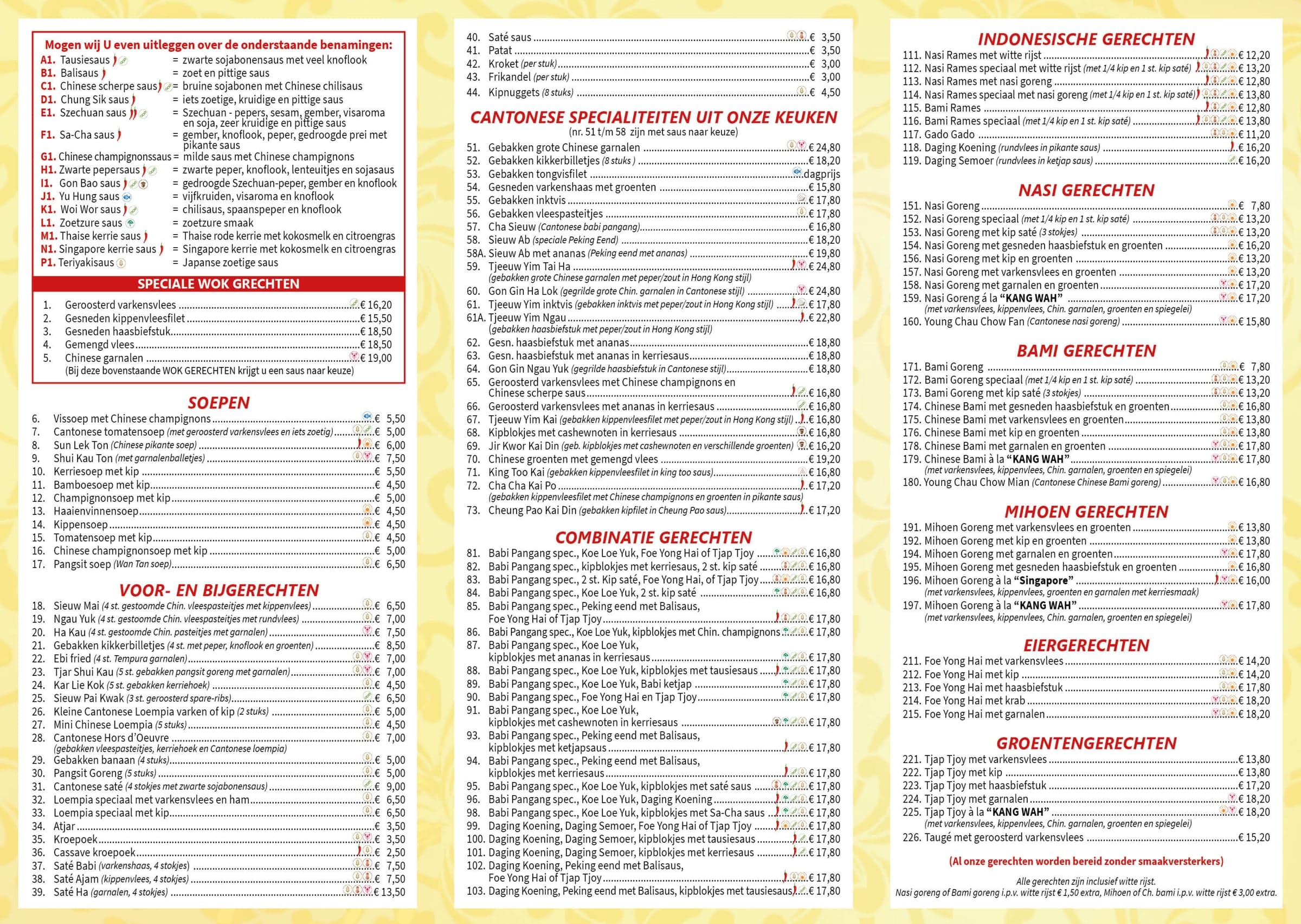 Bladzijde 1 van de gedrukte afhaalkaart. Links de uitleg van de sauzen en de vijf speciale wokgerechten, daaronder de soepen en de voor- en bijgerechten. In het midden de Cantonese specialiteiten en de combinatiegerechten. Rechts de Indonesische gerechten, de nasi-, bami- en mihoengerechten, de eiergerechten en de groentegerechten.